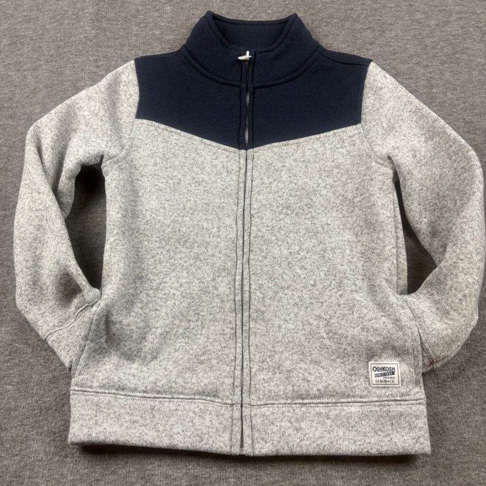 OshKosh B'gosh Fleece Jacket Boys 10 Heather Gray &‎ Blue Pockets Corpore Warm